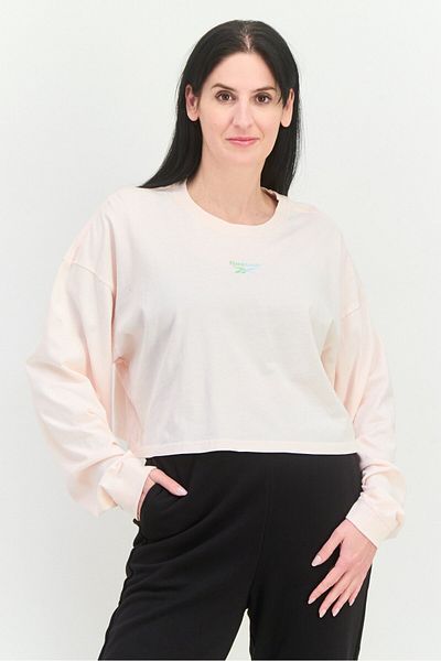 Reebok سويت شيرت رياضي نسائي بأكمام طويلة مناسب للخارج، وردي