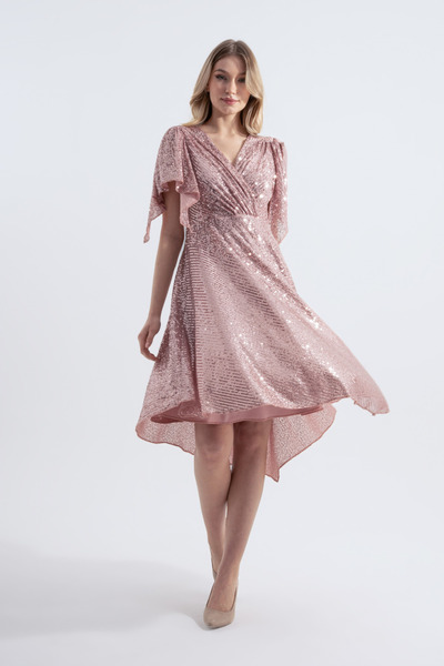 HOX'S Angel | Payetli Midi Kloş Abiye Elbise Kruvaze Yaka Mendil Kol Asimetrik Etek - Pudra