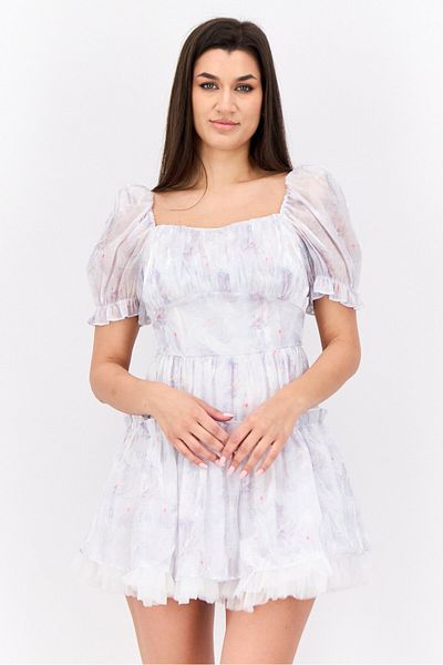 Steve Madden Women Floral Print Flounce Dress, Lilac
