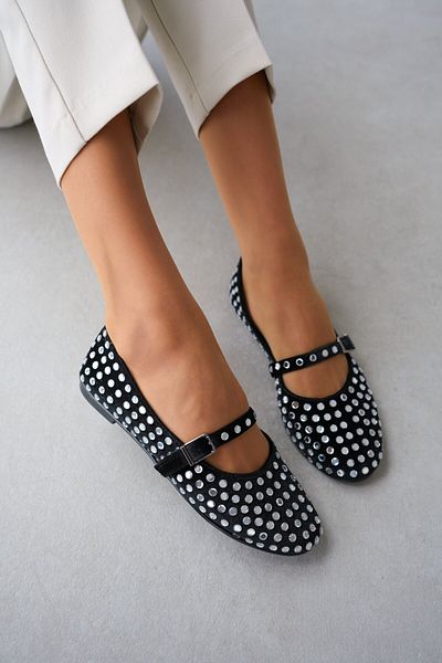 selinshoes Caren Black Velvet Fabric with Silver Staple Detail Ankle Tie Women's Ballerinas - Silver