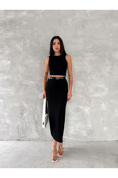 Ozy Fashion Fusta lungă din țesătură tricotată din oțel negru, cu detaliu de fante în spate