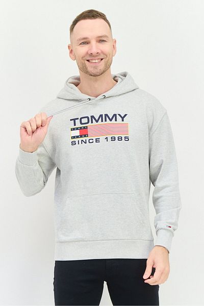 Tommy Jeans Men Hooded Brand Logo Fleece Sweatshirts, Heather Grey