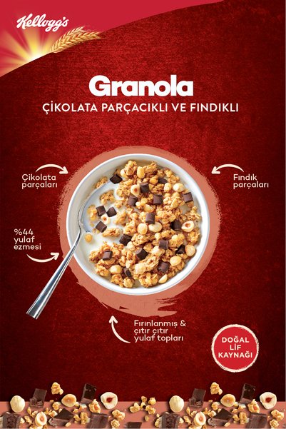 Kellogg's Çikolata Parçacıklı Ve Fındıklı Granola 250 gr X 6 Adet, %44 Yulaf, Lif Kaynağı, Kahvaltılık Gevrek
