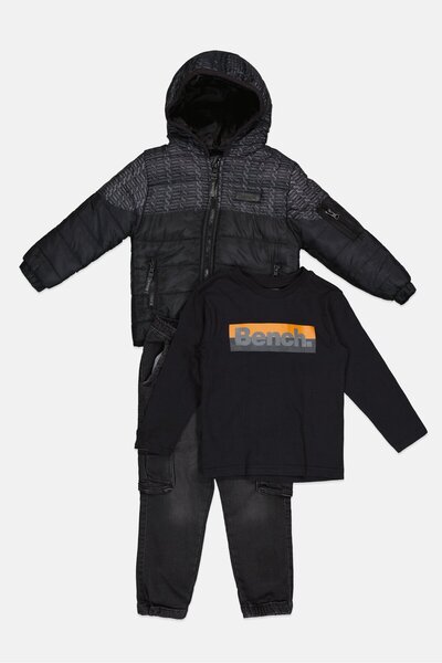 BENCH Toddlers Boy 3 Piece Hooded Brand Logo Puffer Jacket Set, Black