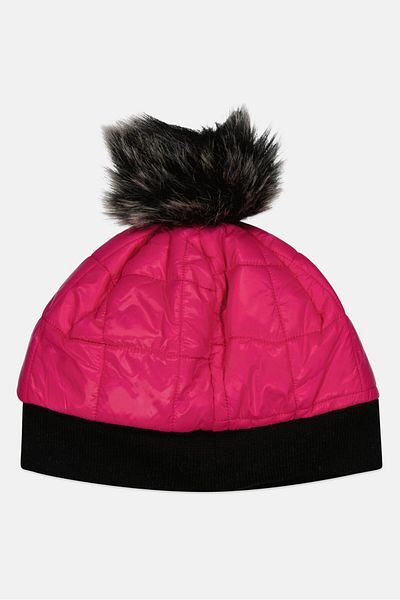 Body Glove Women Shiny Quilted Pompom Beanie, Dark Pink