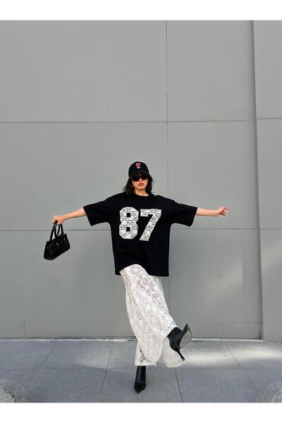 minaaise Women's Ecru Unlined Lace Skirt and Embroidered Oversize T-Shirt