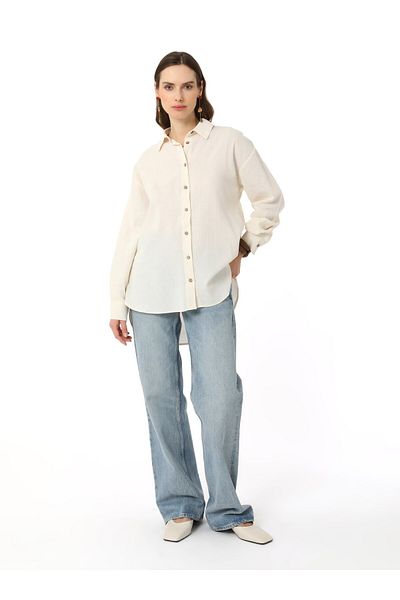 Benin Linen Textured Cotton Fabric Comfortable Fit Blouse / Shirt - Ecru - Benin