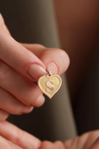 Bayar Gold 14 Ayar Altın S Harf Kalp Kolye Ucu