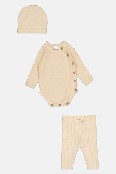 Rock A Bye Baby Boutique Toddlers Boy 3 Pieces Knitted Bodysuit And Pants With Cap Set, Cream