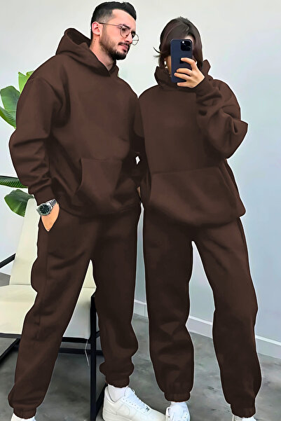 YAKAMEL Kadın Erkek Çiftlere Özel 3 Iplik Oversize Kışlık Kalın Eşofman Takımı (TEKLİ)