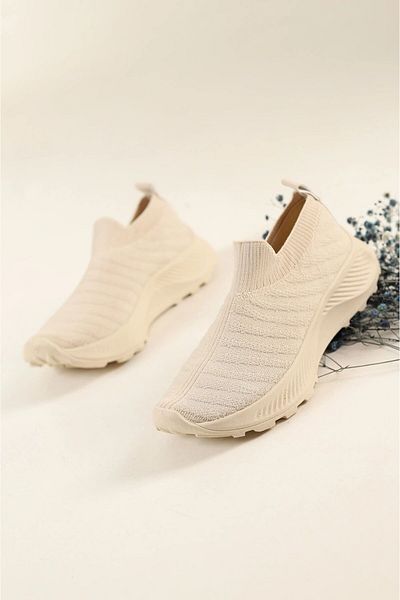 SOLDOY Tricotaj de damă bej cu talpă groasă, fără șireturi, pantofi sport confortabili, pantofi sport