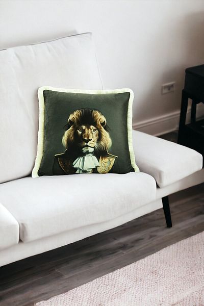 ASDİVA Lion Patterned Luxury Decorative Animal Figure Fringed Avant-Garde Velvet Throw Pillow Case Artistic Design
