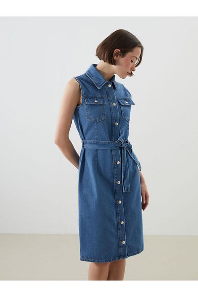 LC Waikiki Blue Shirt Collar Women's Jean Dress