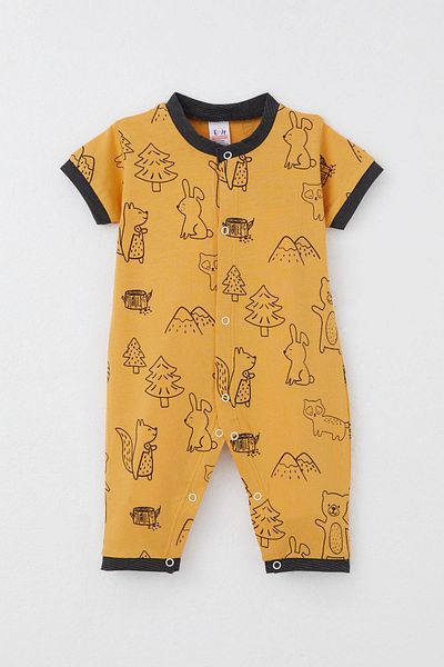 Breeze Baby Boy Short Sleeve Jumpsuit Jungle Themed Animals Patterned 0-6 Months, Mustard Yellow