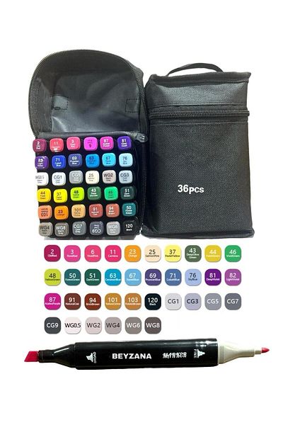 BEYZANA Black Double Ended 36-Piece Marker Pen Set - with Bag