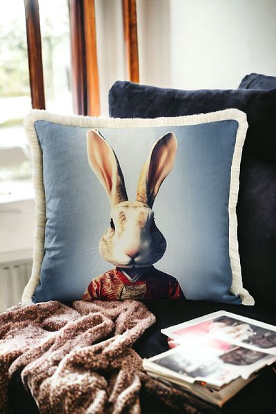 ASDİVA Rabbit Patterned Luxury Decorative Animal Figure Fringed Avant-Garde Velvet Throw Pillow Case Artistic Design