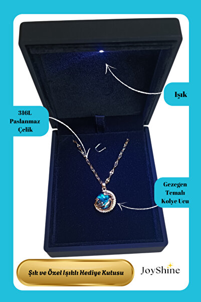 JoyShine Işıklı Premium Kutu | Gökyüzü Gezegen Kolye | 8 Mart Kadınlar Günü Hediyesi | Dünya Temalı Kolye