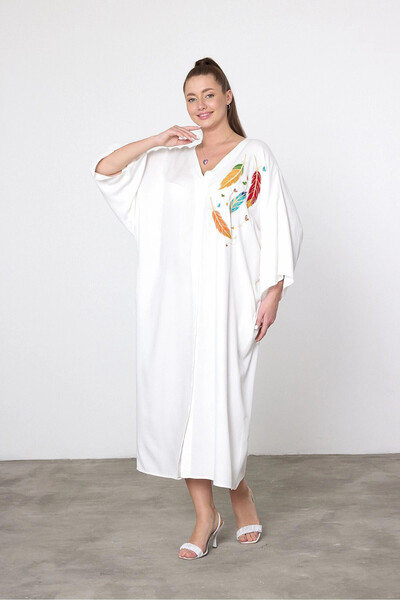 Denismoda Vpv042 V-Neck Leaf Embroidery Dty.Pocket Authentic Shirt Dress White