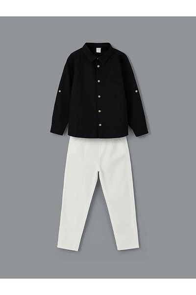 LC Waikiki Cămașă și pantaloni pentru băiat din popelin negru LCW Kids, pachet de 2