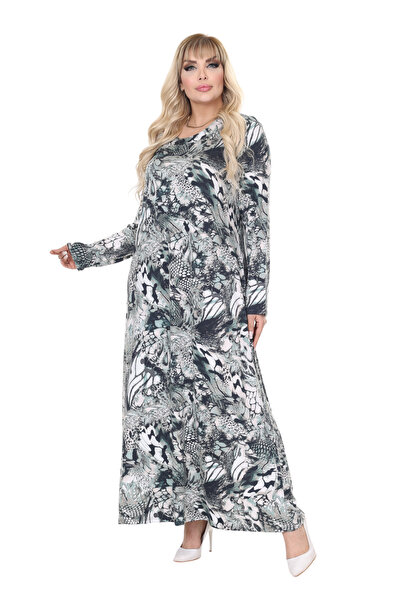 MELSAY Women's Large Size Gray Green Crocodile Pattern Long Sleeve Hijab Dress