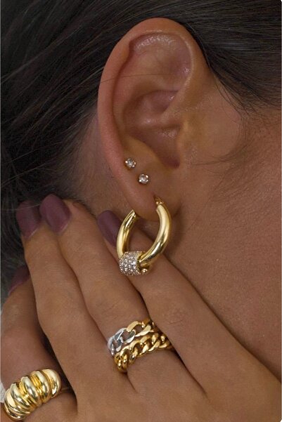 Vi store Çelik 4 Taş Detaylı Halka Küpe