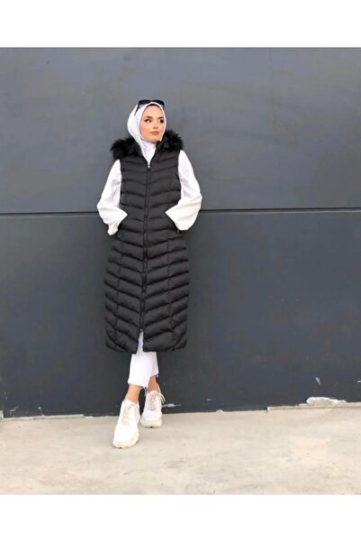 GİZEM KAYGISIZ Kapüşonu Kürklü Uzun Şişme Yelek
