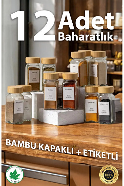 LİNMETAL 12’li Bambu Kapaklı Kare Formlu Cam Baharatlık Seti / 16 Adet Etiket