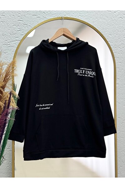 Ebrar Store Arzu Kangaroo Pocket Printed Tunic-NA764 Μαύρο