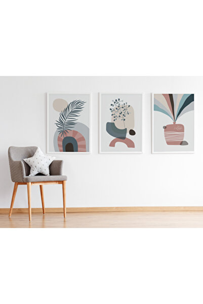 Çerçeveli Poster Tablo Duvar Dekorasyonu - Soyut Temalar Çiçek Serisi 3lü Set - 05