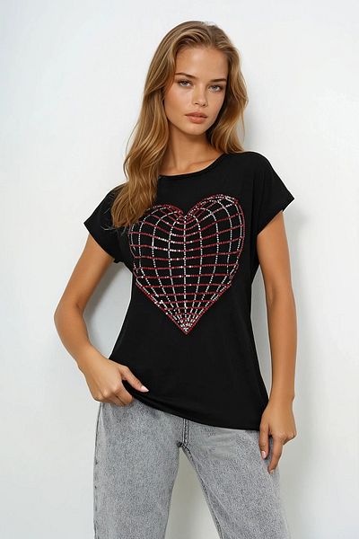 VAGGON Tricou negru cu mânecă zero, brodat cu inimă, cu gâtul turn, Prmx13681