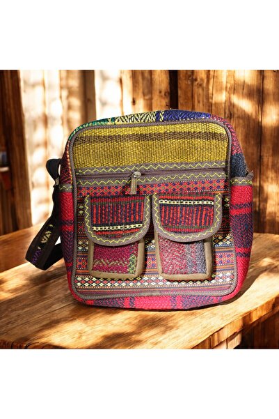 etniko Geantă de damă cu model Kilim țesut manual, cu două buzunare