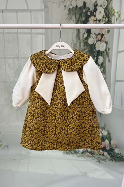 Bertuğ Bebek Sarı Siyah Kız Çocuk Bebek Jile Krep Brokar Elbise