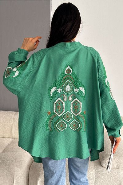 FEMELLE Jachetă kimono supradimensionată, brodata, verde, mărime standard