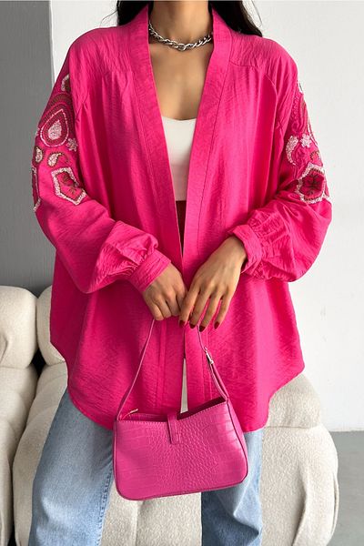 FEMELLE سترة كيمونو نسائية فوشيا مقاس قياسي ومطرزة كبيرة الحجم