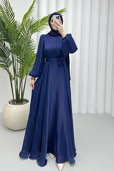 Modaensarbutik Kemeri Güllü Balon Kol Tesettür Abiye-LACİVERT
