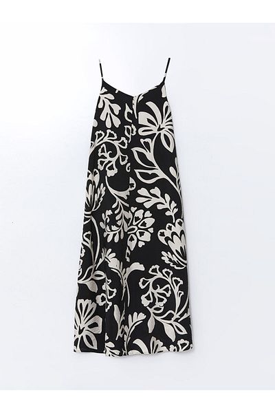 LC Waikiki Lcwaikiki Classic Black V-Neck Floral Strap A-Line Dress for Women