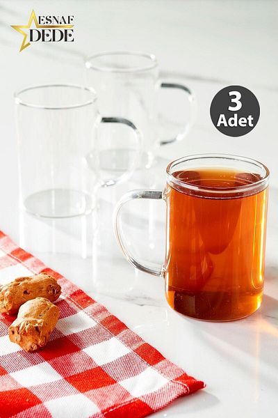 LOVE in KITCHEN طقم أكواب زجاجية من البورسليكات الناعم المقاوم للحرارة، كوب شاي وقهوة مع مقبض، 3 قطع