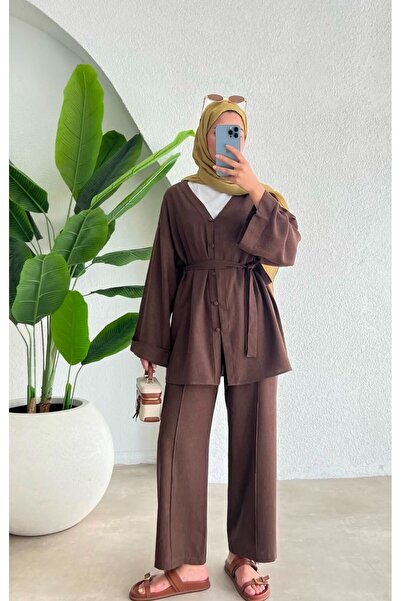 My Blog Brązowy 100% bawełniany komplet koszula spodnie z paskiem - 034