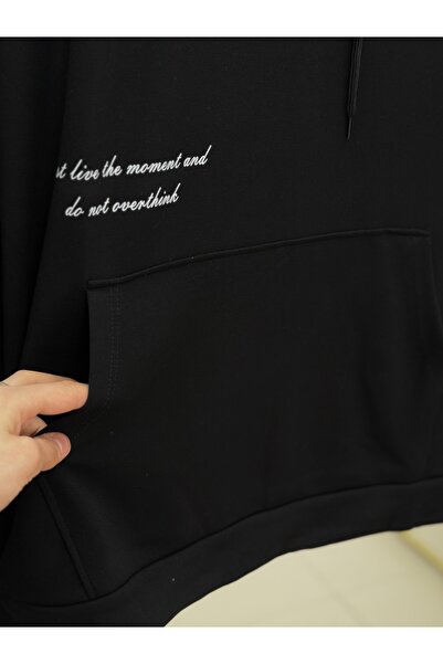 Ebrar Store Arzu Kangaroo Pocket Printed Tunic-NA764 Μαύρο