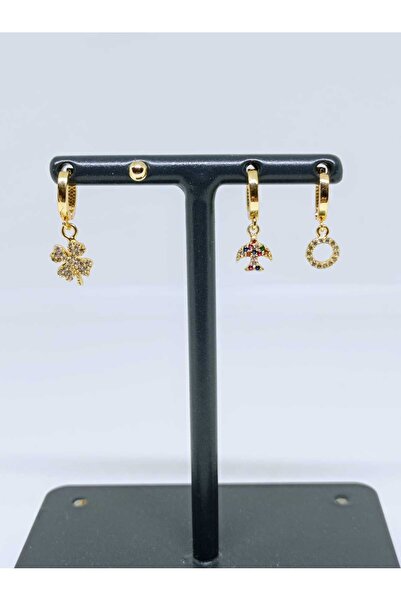 mama india alaçatı Gold Color Zircon Stone 4-Piece Hoop Earring Set, Clover, ...