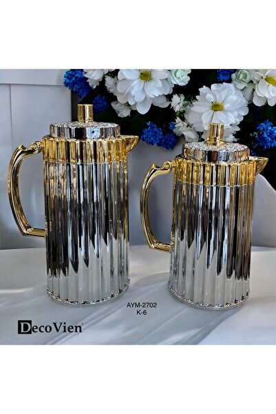 decovien Lüks Termos 2'Li Set Parlak Nikel Gold Detaylı