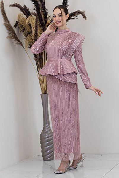 Genel Markalar Peplum Detaylı Otriş Tüylü Pamira Abiye