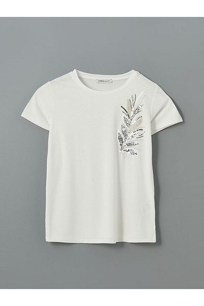 LC Waikiki LCW Damen-T-Shirt mit Rundhalsausschnitt und Paillettenstickerei