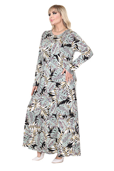 MELSAY Γυναικείο μακρυμάνικο μανίκι με πράσινο λευκό τροπικό σχέδιο