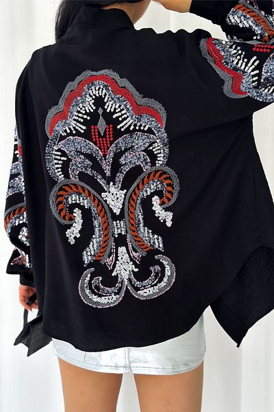 FEMELLE Jachetă kimono supradimensionată pentru femei, neagră, mărime standard, broderie completă
