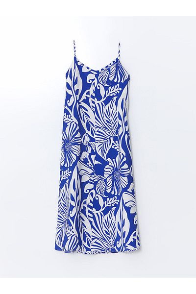 LC Waikiki LCWAIKIKI Rochie de damă în linie A cu bretele florale, albastru clasic, cu decolteu în V