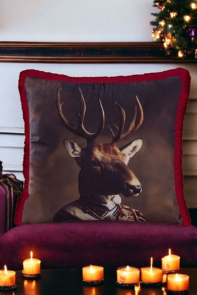 ASDİVA Deer Patterned Luxury Decorative Animal Figure Fringed Avant-Garde Velvet Throw Pillow Case Artistic Design