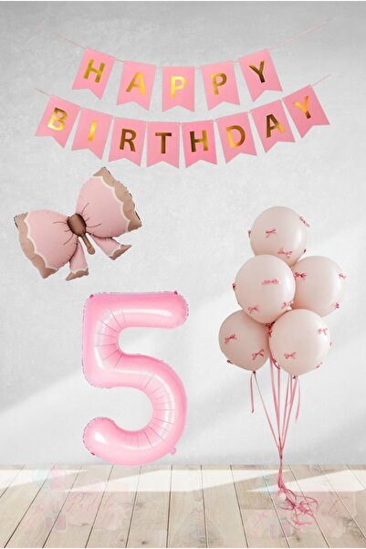 BİDOLUMUTLULUK Pembe Fiyonklu Kurdelalı Doğum Günü Parti Kutlama Eğlence Seti