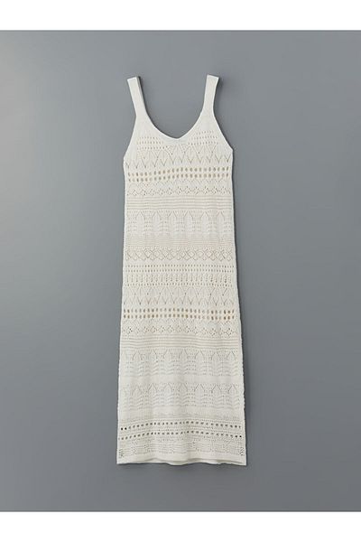 LC Waikiki Lcwaikiki Classic Ecru V-Neck Openwork Women's Knitwear Dress
