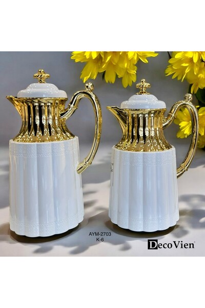 decovien Lüks Termos 2'Li Set Beyaz Gold Detaylı